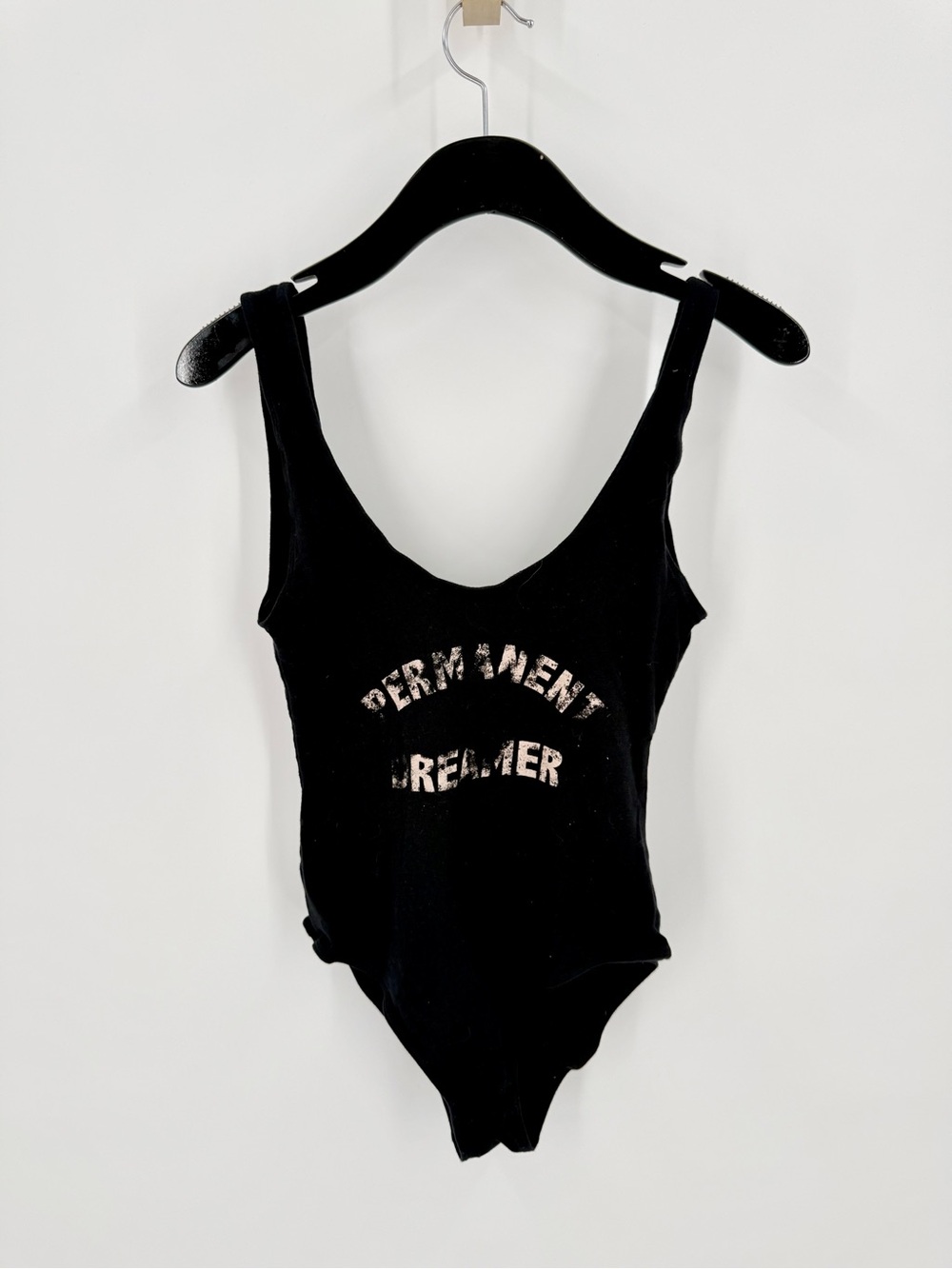 La Hearts Black Graphic Scoop Bodysuit with Metallic Print